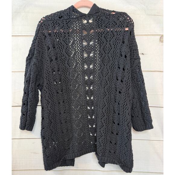 Lucky Brand Size MED Open Black Eyelet Cardigan Heavy Classic - Picture 2 of 6